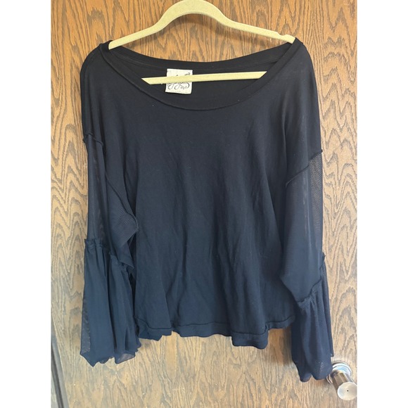 Free People Still Got It Black Mesh Bell Sleeve Oversized Shirt Womens XS T - Picture 2 of 6
